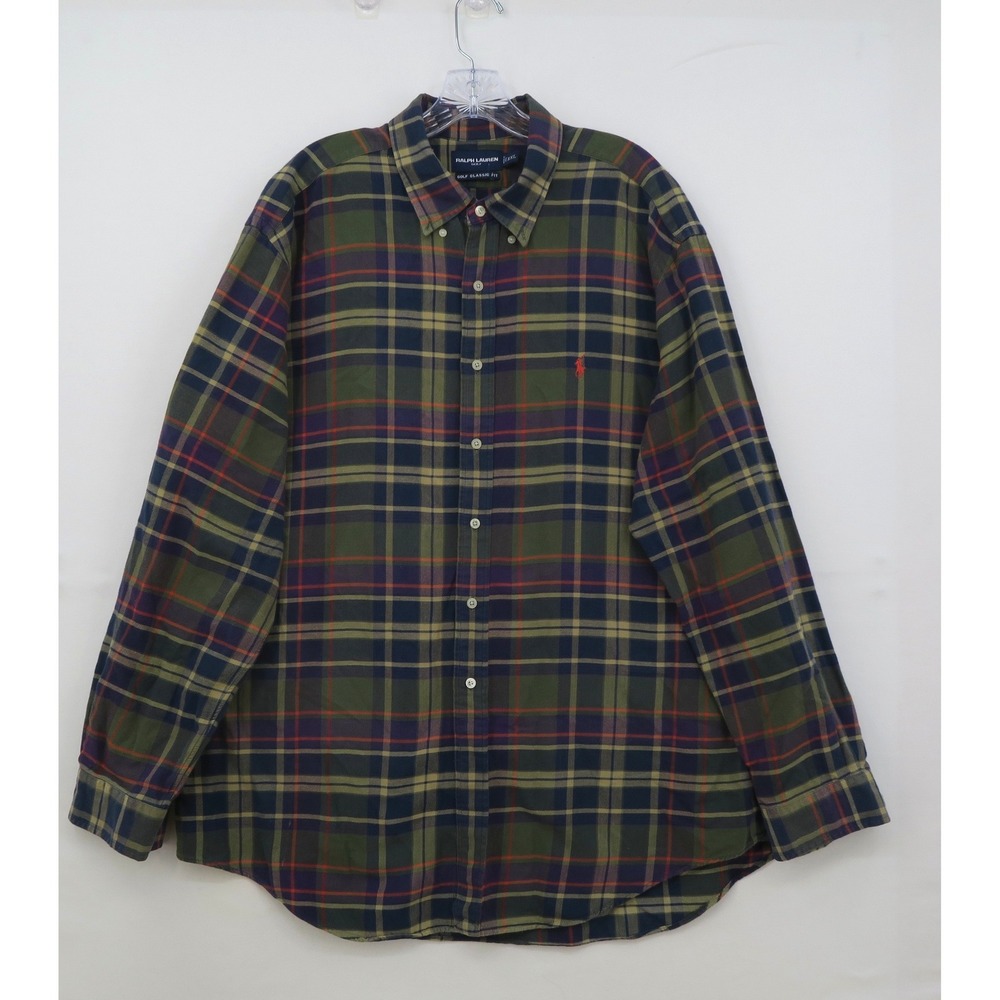 Ralph Lauren Golf Mens XXL Plaid Button Down Shirt Green Navy Blue Classic Fit